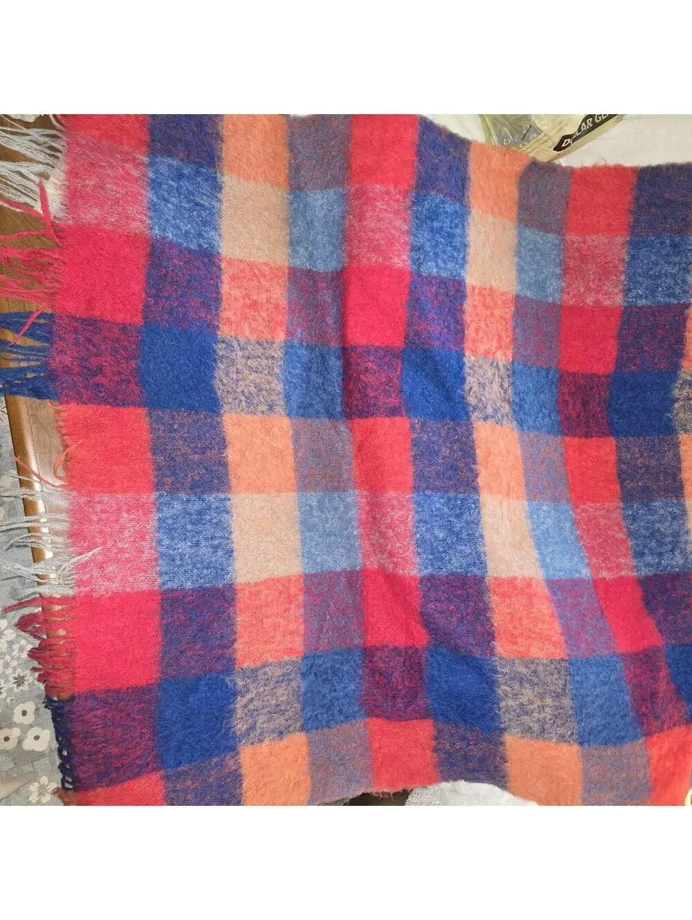 Vtg Glentana Mohair Wool Blanket Plaid Made in Scotland Mid Century Fuchsia